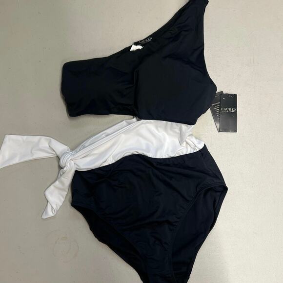New nwt Ralph Lauren sz10 black and white cut out one shoulder swim suit 1 pc - Picture 1 of 7